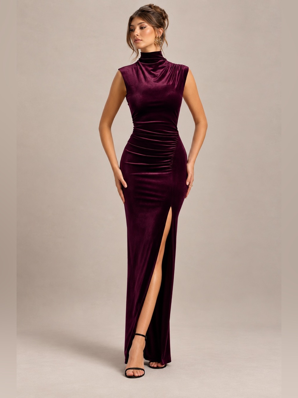 Club L London Abilene Port Burgundy Velvet High-Neck Split Maxi Dress – Size 10